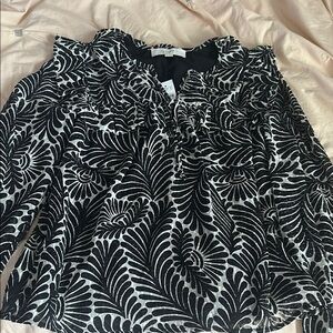 LOFT Black and White Ruffled Bib Collar Blouse